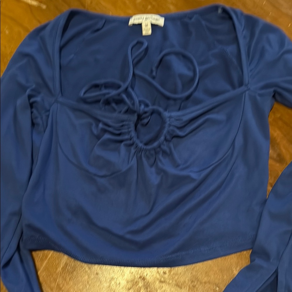 Blue Long Sleeve Ruched Tie Front Crop Blouse